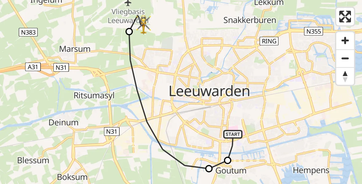 Vluchtroute Ambulancehelikopter van Leeuwarden Medical Center Heliport naar Vliegbasis Leeuwarden