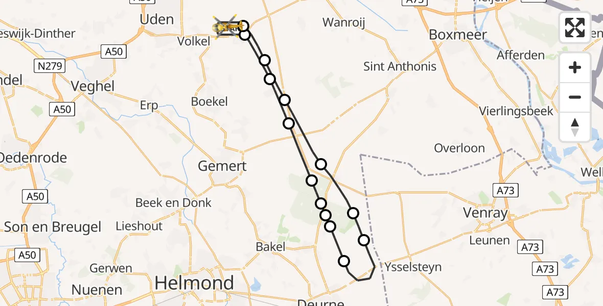 Vluchtroute Traumahelikopter van Vliegbasis Volkel naar Vliegbasis Volkel