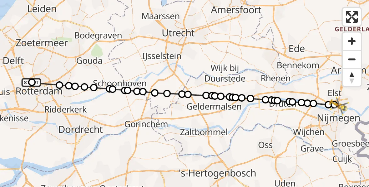 Vluchtroute Traumahelikopter van Rotterdam The Hague Airport naar Nijmegen