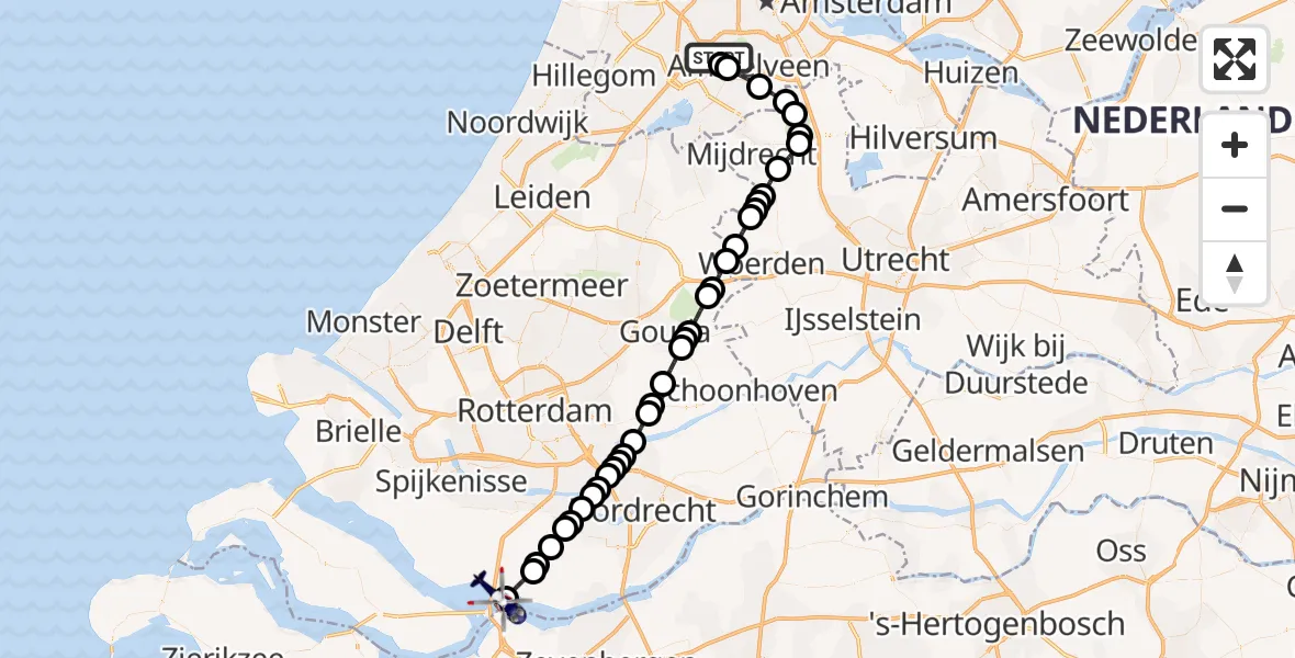 Vluchtroute Politiehelikopter van Amsterdam Vliegveld Schiphol naar Hollandsch Diep
