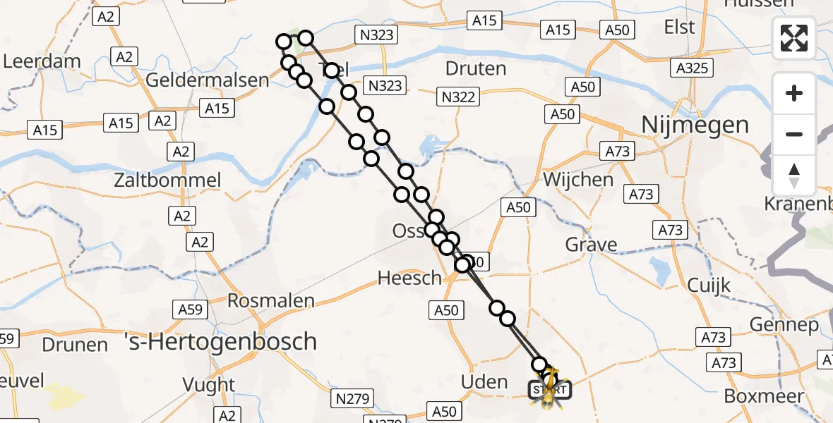 Vluchtroute Traumahelikopter van Vliegbasis Volkel naar Vliegbasis Volkel