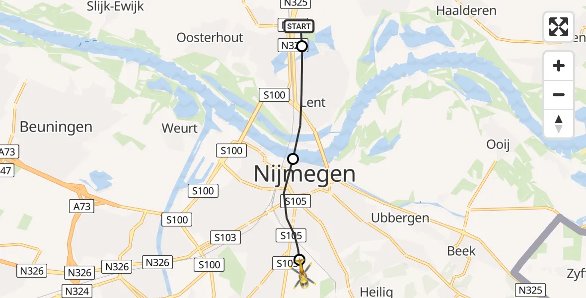 Vluchtroute Traumahelikopter van Nijmegen naar Radboud University Medical Center Heliport