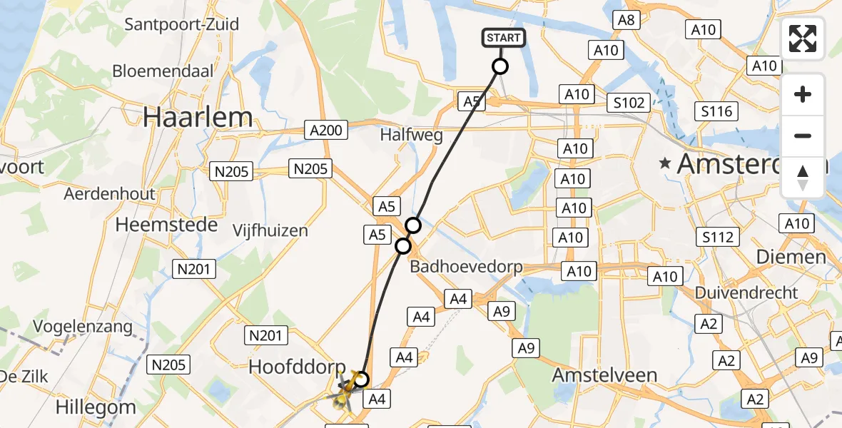 Vluchtroute Traumahelikopter van Amsterdam Heliport naar Hoofddorp
