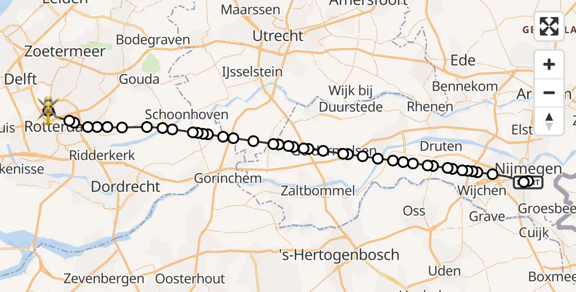 Vluchtroute Traumahelikopter van Radboud Universitair Medisch Centrum naar Rotterdam The Hague Airport