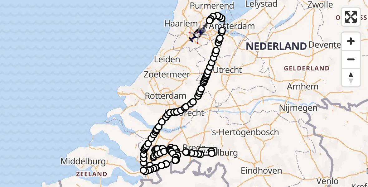 Vluchtroute Politiehelikopter van Vliegbasis Gilze Rijen naar Amsterdam Vliegveld Schiphol