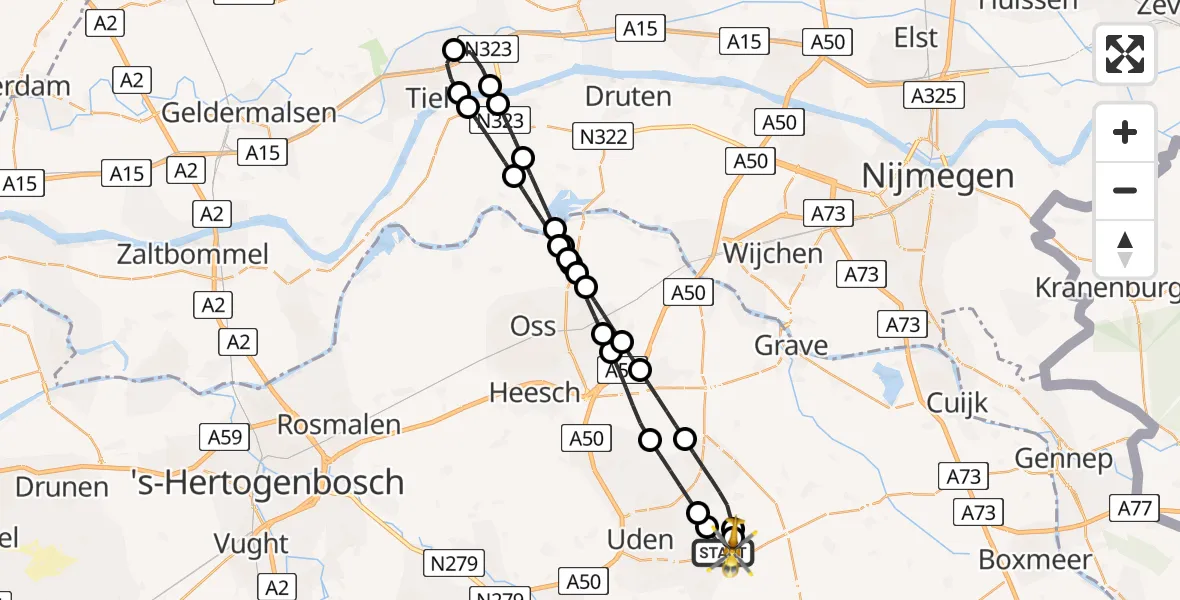 Vluchtroute Traumahelikopter van Vliegbasis Volkel naar Vliegbasis Volkel