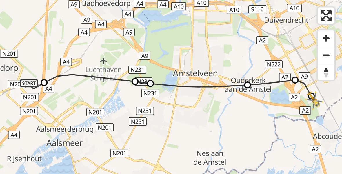 Vluchtroute Traumahelikopter van Hoofddorp naar Amsterdam UMC Helipad