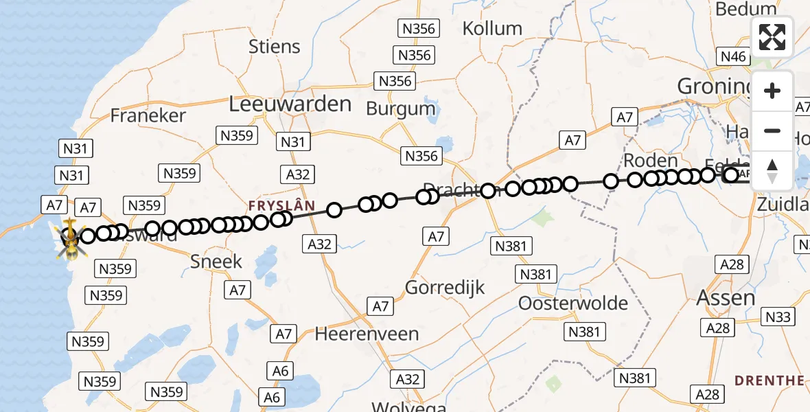 Vluchtroute Traumahelikopter van Groningen Airport Eelde naar Makkum