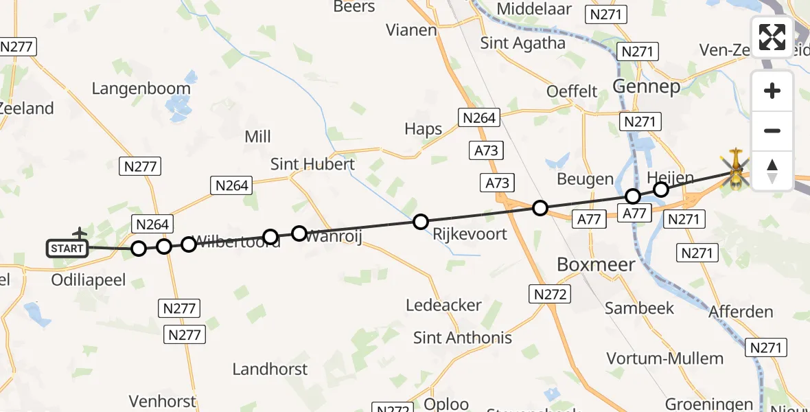 Vluchtroute Traumahelikopter van Vliegbasis Volkel naar Heijen