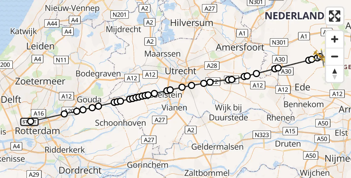 Vluchtroute Traumahelikopter van Rotterdam The Hague Airport naar Harskamp