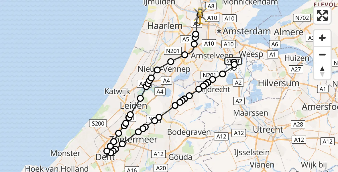 Vluchtroute Traumahelikopter van Amsterdam UMC Helipad naar Amsterdam Heliport