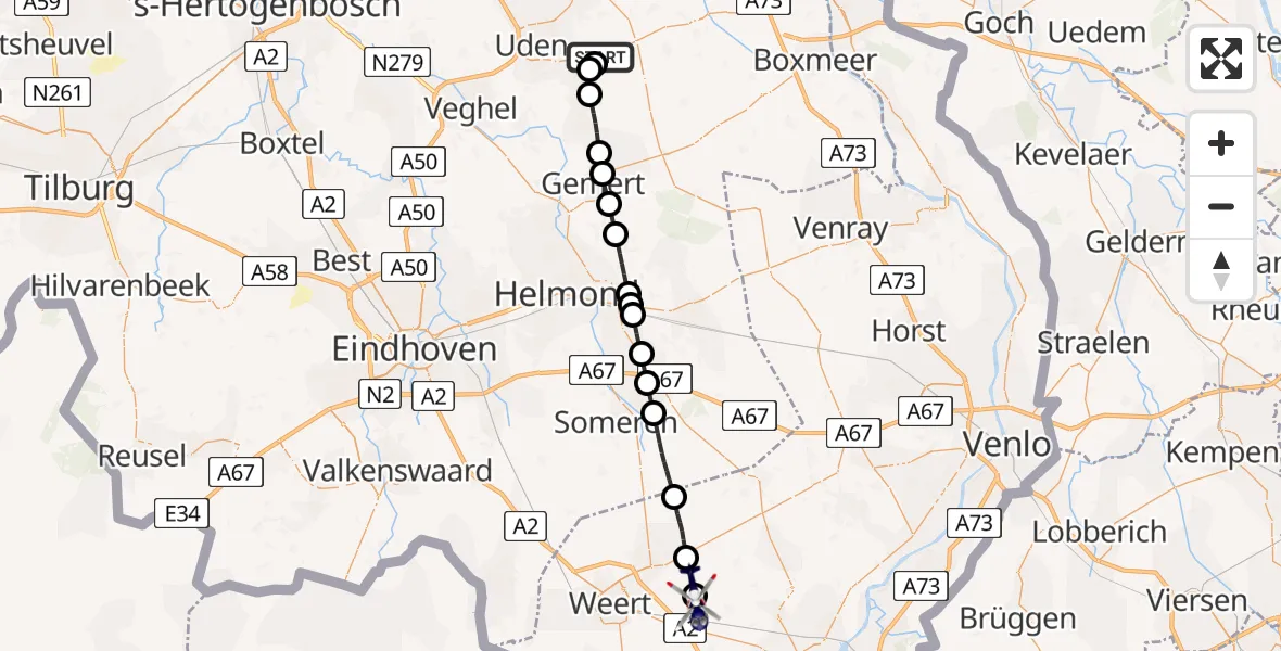 Vluchtroute Politiehelikopter van Vliegbasis Volkel naar Leveroy