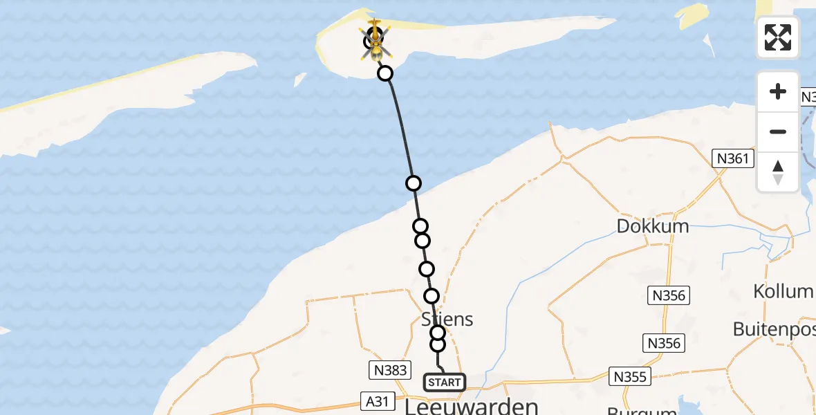 Vluchtroute Ambulancehelikopter van Vliegbasis Leeuwarden naar Ameland Vliegveld Ballum