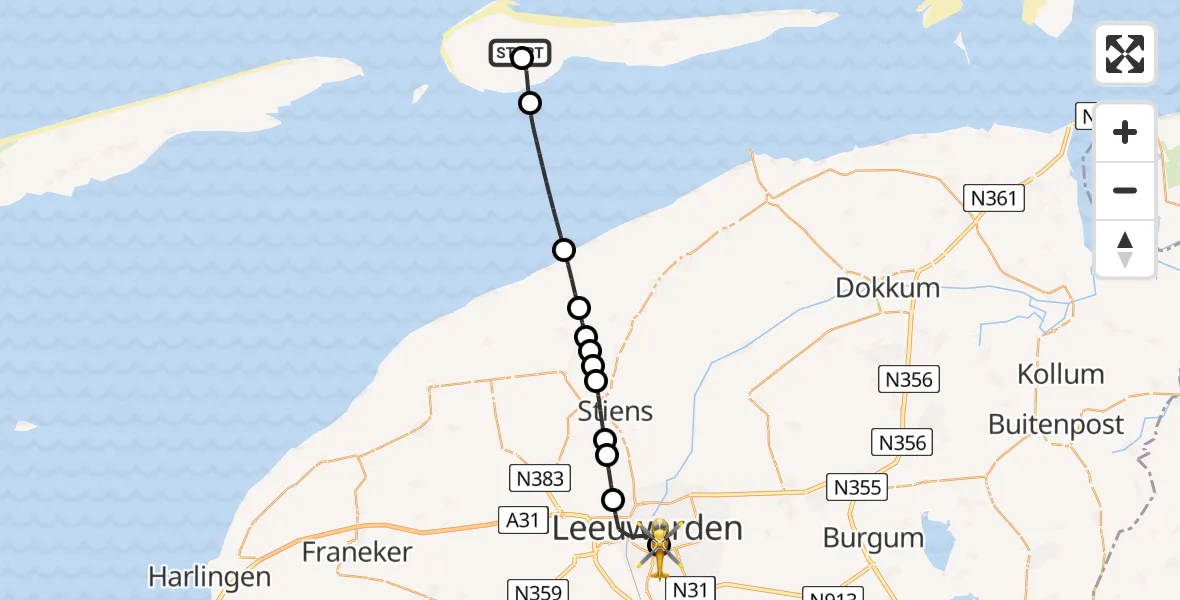 Vluchtroute Ambulancehelikopter van Ameland Vliegveld Ballum naar Leeuwarden Medical Center Heliport