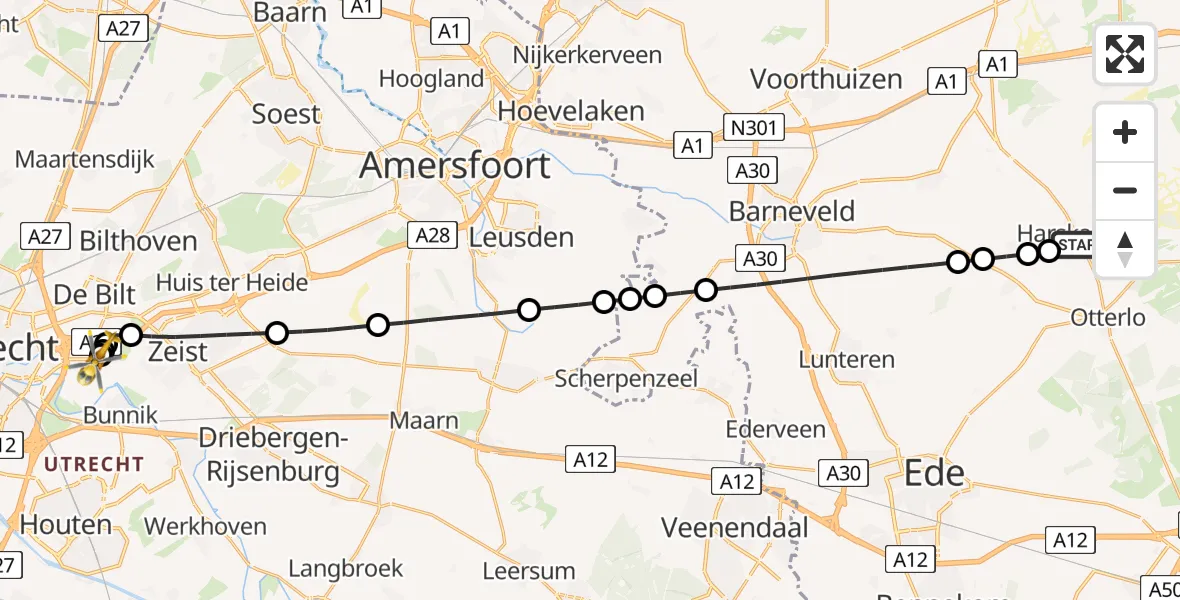 Vluchtroute Traumahelikopter van Harskamp naar Universitair Medisch Centrum Utrecht