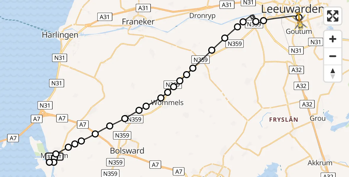 Vluchtroute Traumahelikopter van Makkum naar Leeuwarden Medical Center Heliport