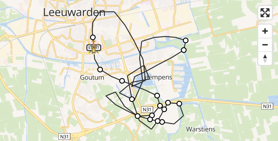 Vluchtroute Ambulancehelikopter van Leeuwarden Medical Center Heliport naar Leeuwarden Medical Center Heliport