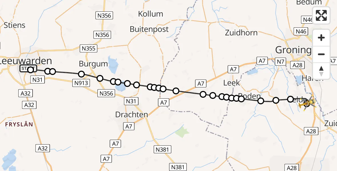 Vluchtroute Traumahelikopter van Leeuwarden Medical Center Heliport naar Groningen Airport Eelde