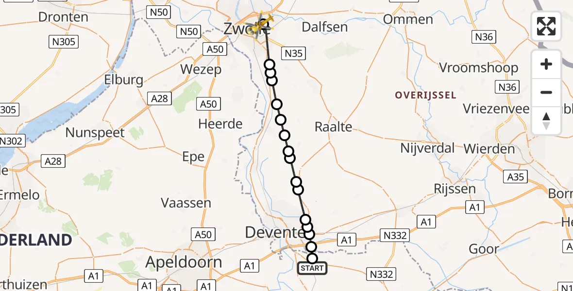 Vluchtroute Traumahelikopter van Joppe naar Isala Hospital Zwolle Heliport