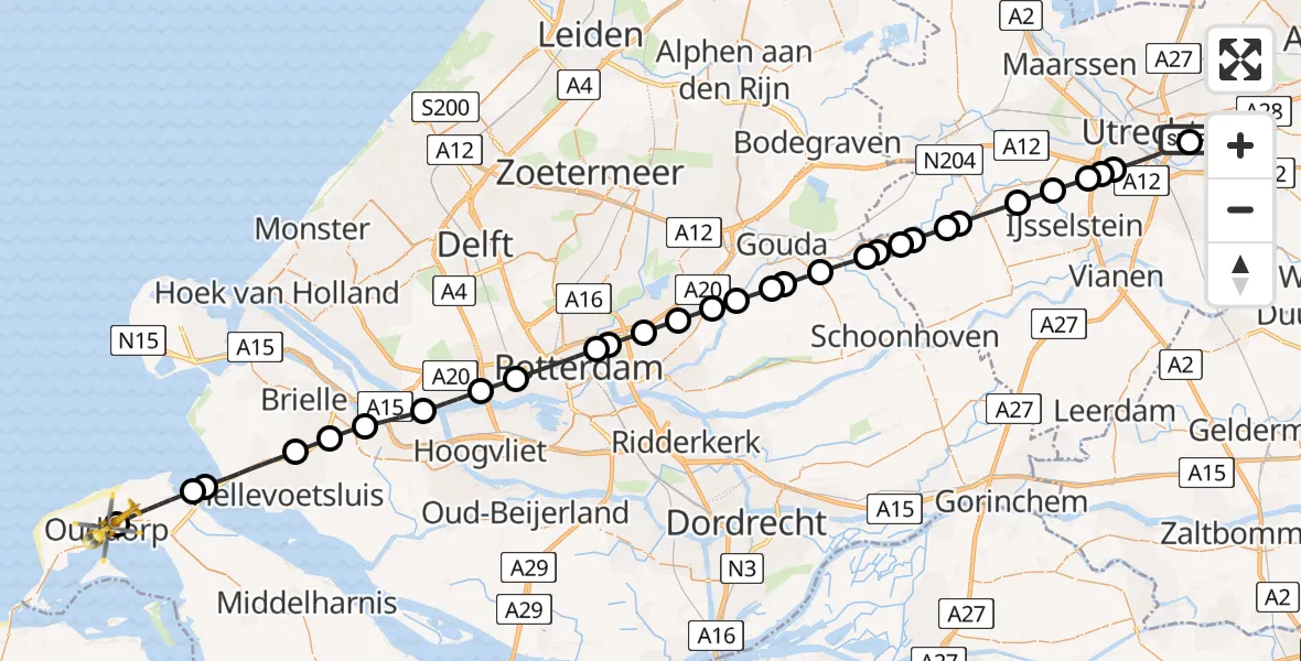 Vluchtroute Traumahelikopter van Universitair Medisch Centrum Utrecht naar Ouddorp