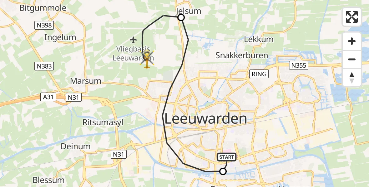 Vluchtroute Ambulancehelikopter van Leeuwarden Medical Center Heliport naar Vliegbasis Leeuwarden