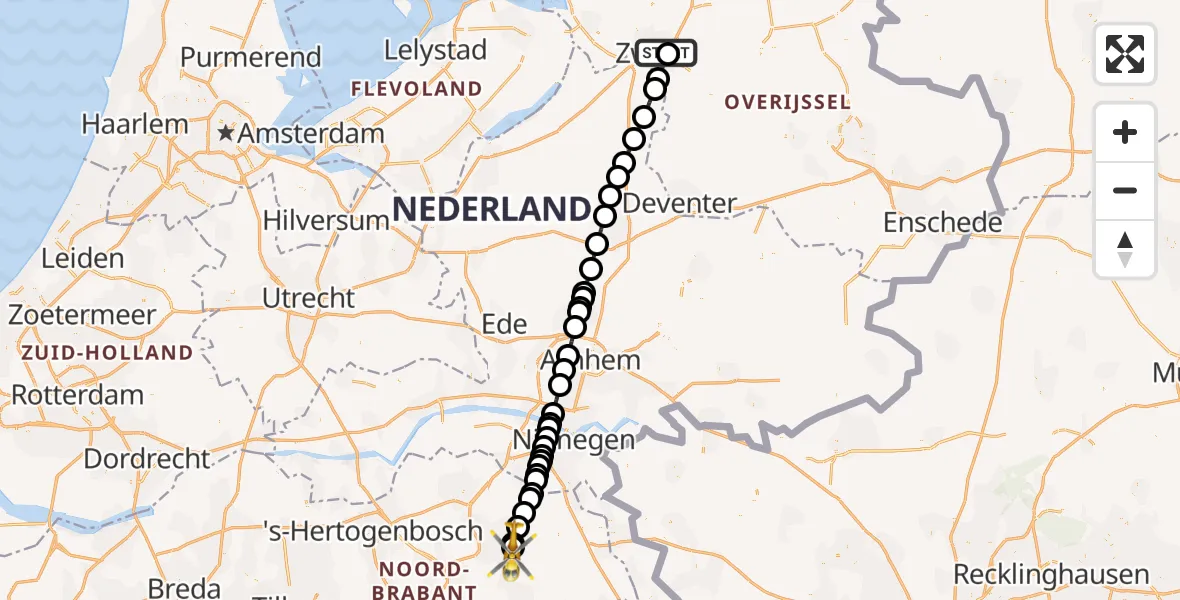 Vluchtroute Traumahelikopter van Isala Hospital Zwolle Heliport naar Vliegbasis Volkel