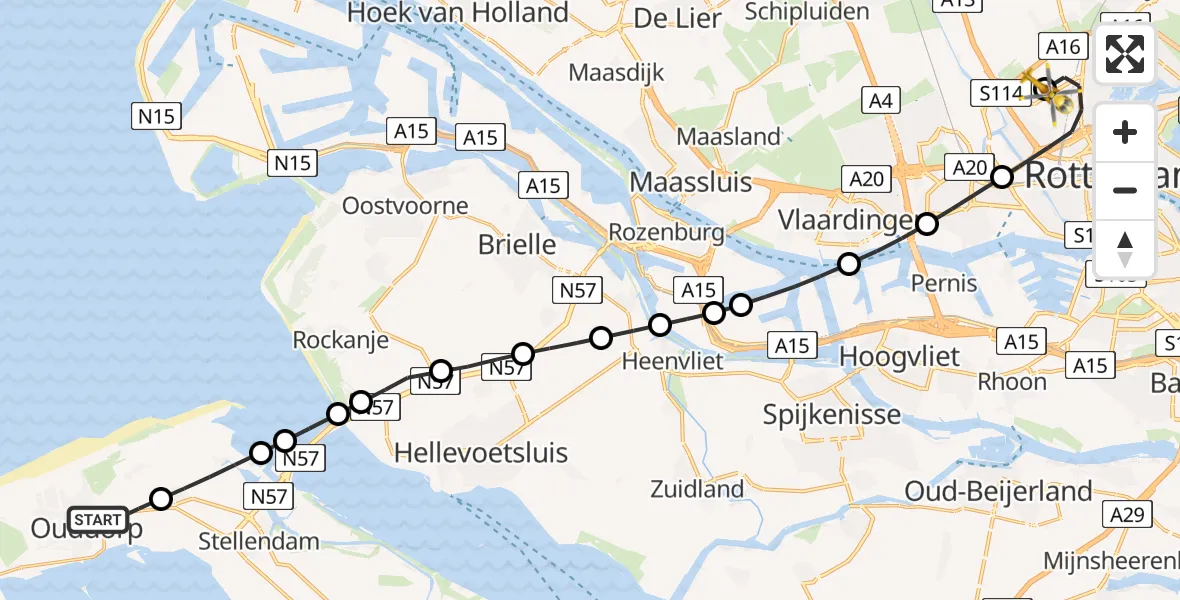 Vluchtroute Traumahelikopter van Ouddorp naar Rotterdam The Hague Airport