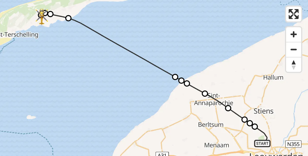 Vluchtroute Ambulancehelikopter van Vliegbasis Leeuwarden naar Terschelling Heliport