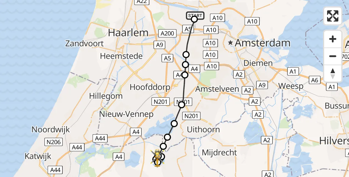 Vluchtroute Traumahelikopter van Amsterdam Heliport naar Langeraar