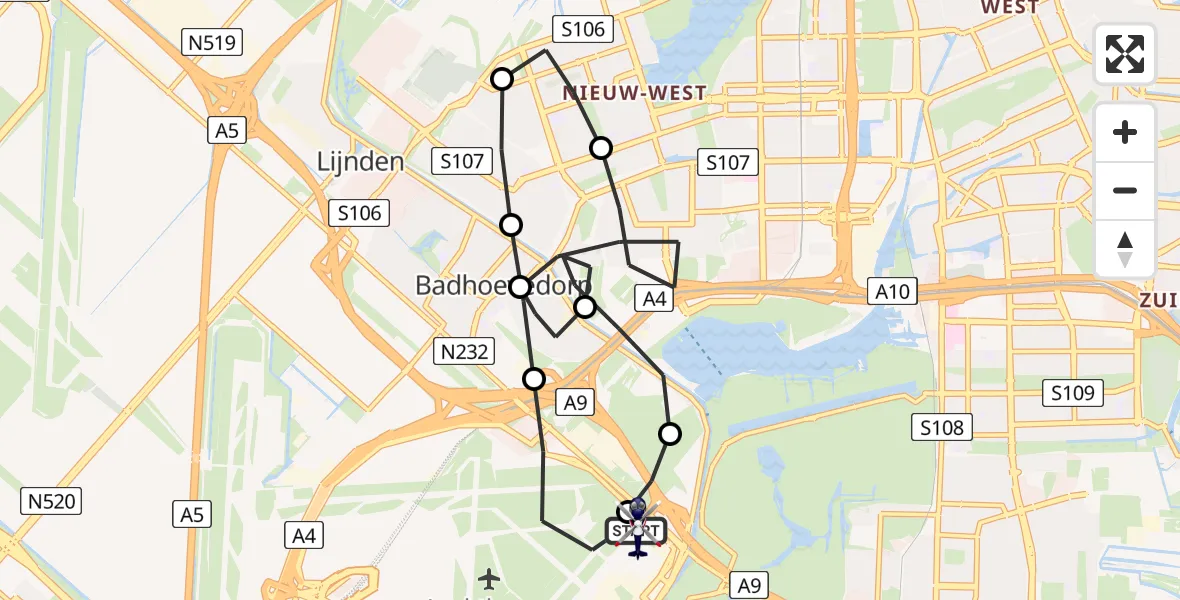 Vluchtroute Politiehelikopter van Amsterdam Vliegveld Schiphol naar Amsterdam Vliegveld Schiphol