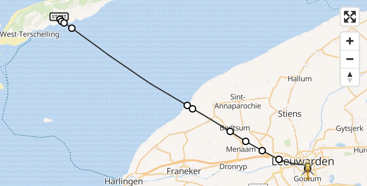 Vluchtroute Ambulancehelikopter van Terschelling Heliport naar Leeuwarden Medical Center Heliport