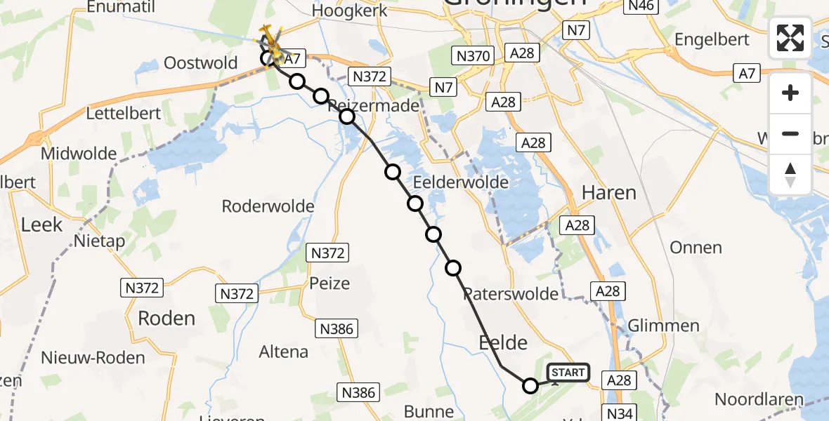 Vluchtroute Traumahelikopter van Groningen Airport Eelde naar Hoogkerk