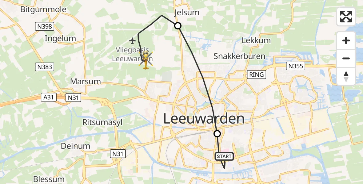 Vluchtroute Ambulancehelikopter van Leeuwarden Medical Center Heliport naar Vliegbasis Leeuwarden