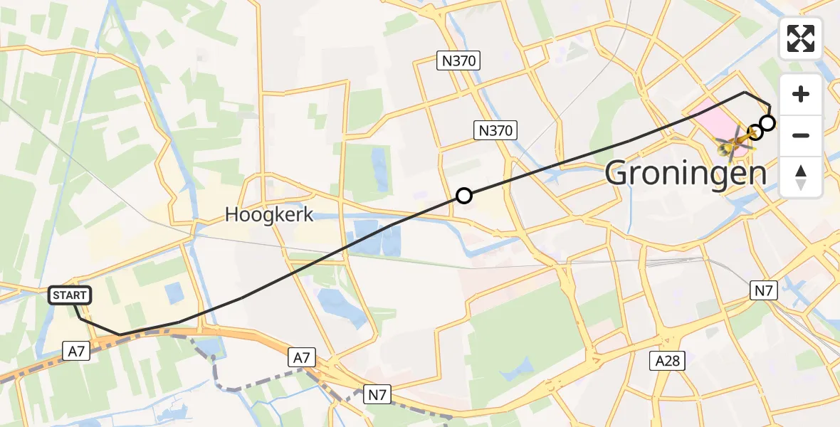 Vluchtroute Traumahelikopter van Hoogkerk naar Universitair Medisch Centrum Groningen