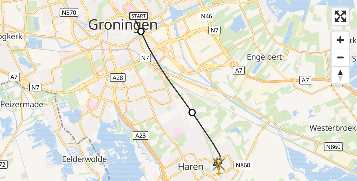 Vluchtroute Traumahelikopter van Universitair Medisch Centrum Groningen naar Haren