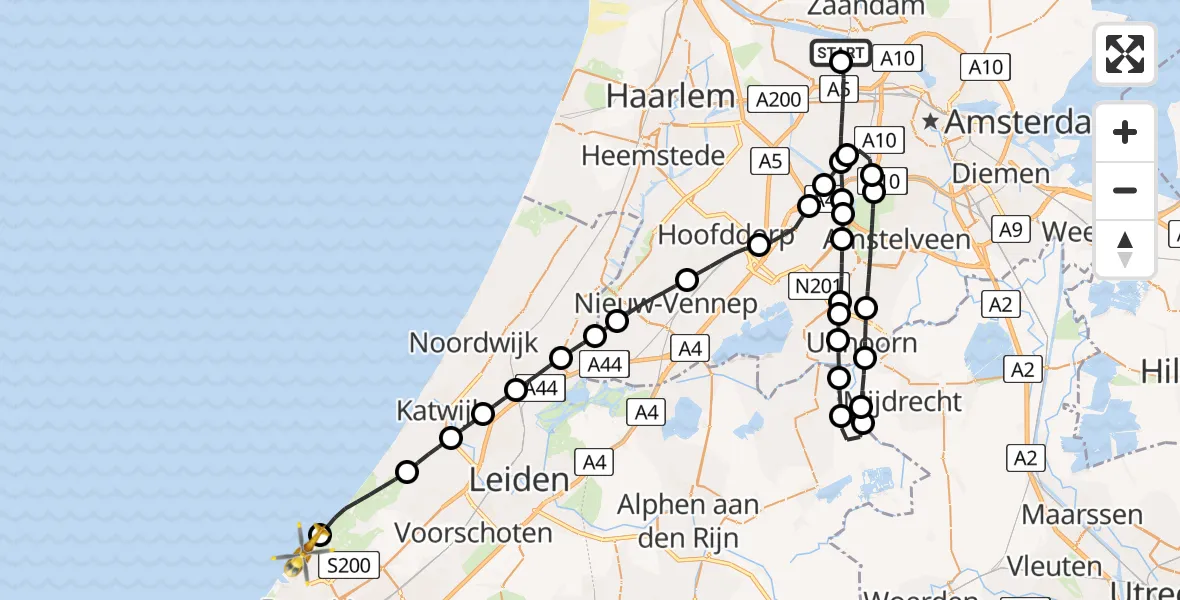Vluchtroute Traumahelikopter van Amsterdam Heliport naar Den Haag