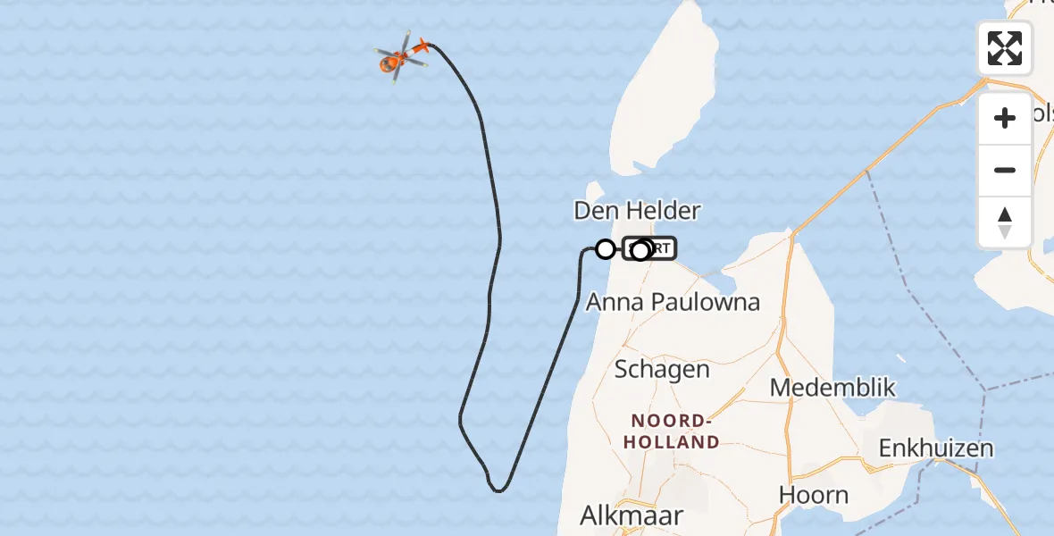 Vluchtroute Kustwachthelikopter van Militair vliegveld De Kooy / Den Helder Airport naar Noordzee