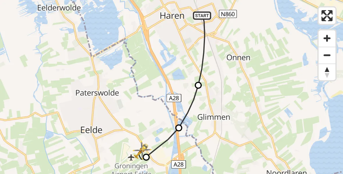 Vluchtroute Traumahelikopter van Haren naar Groningen Airport Eelde