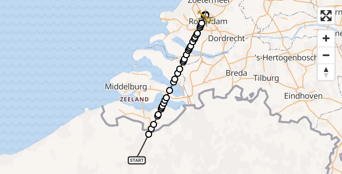 Vluchtroute Traumahelikopter van Ghent/Industry Zone Heliport naar Rotterdam The Hague Airport