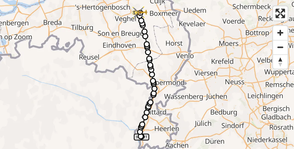 Vluchtroute Traumahelikopter van Maastricht UMC+ naar Vliegbasis Volkel