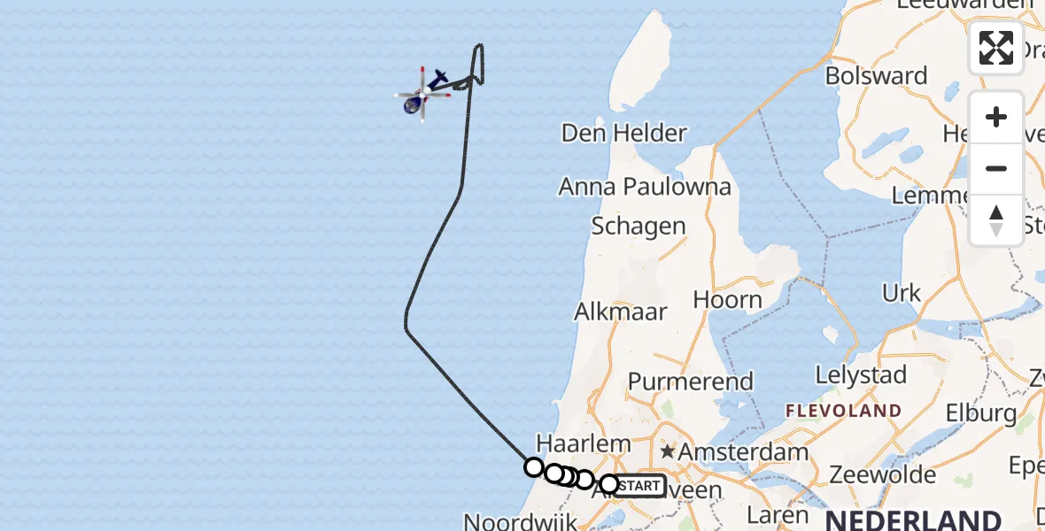 Vluchtroute Politiehelikopter van Amsterdam Vliegveld Schiphol naar Noordzee