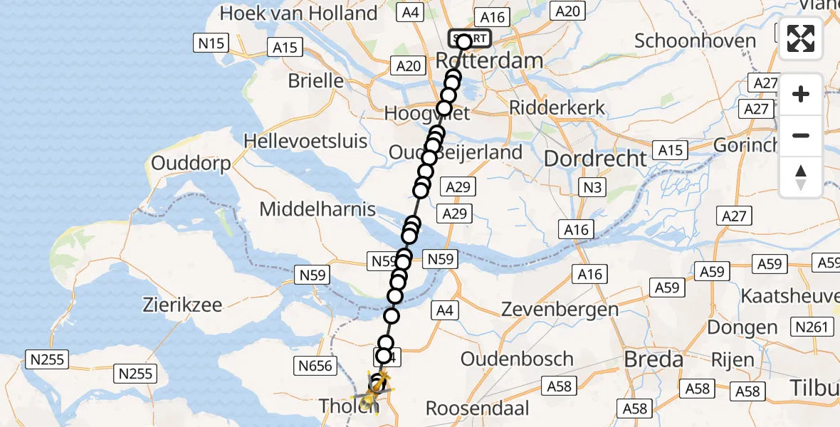 Vluchtroute Traumahelikopter van Rotterdam The Hague Airport naar Lepelstraat