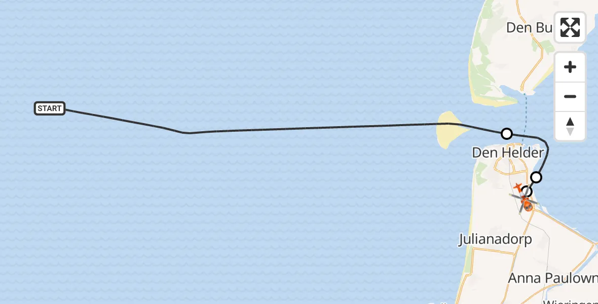 Vluchtroute Kustwachthelikopter van Noordzee naar Militair vliegveld De Kooy / Den Helder Airport