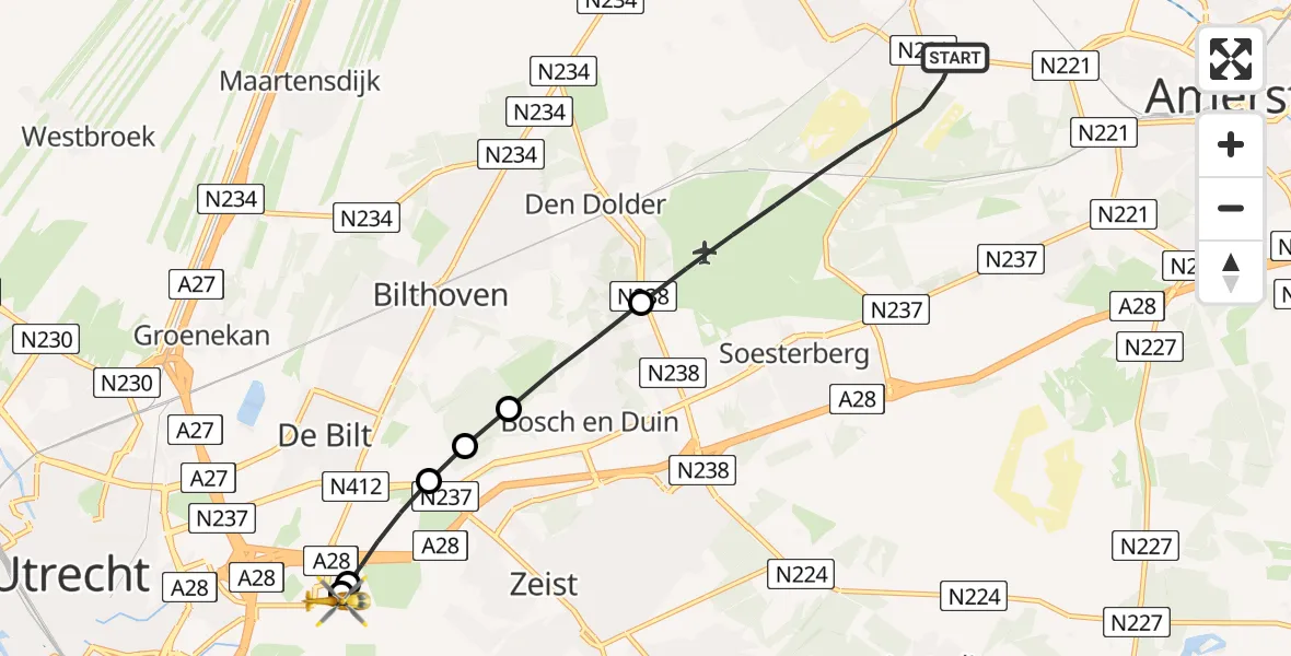 Vluchtroute Traumahelikopter van Soest naar Universitair Medisch Centrum Utrecht