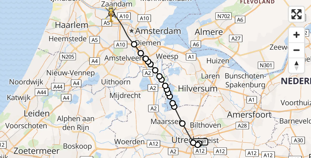 Vluchtroute Traumahelikopter van Universitair Medisch Centrum Utrecht naar Amsterdam Heliport