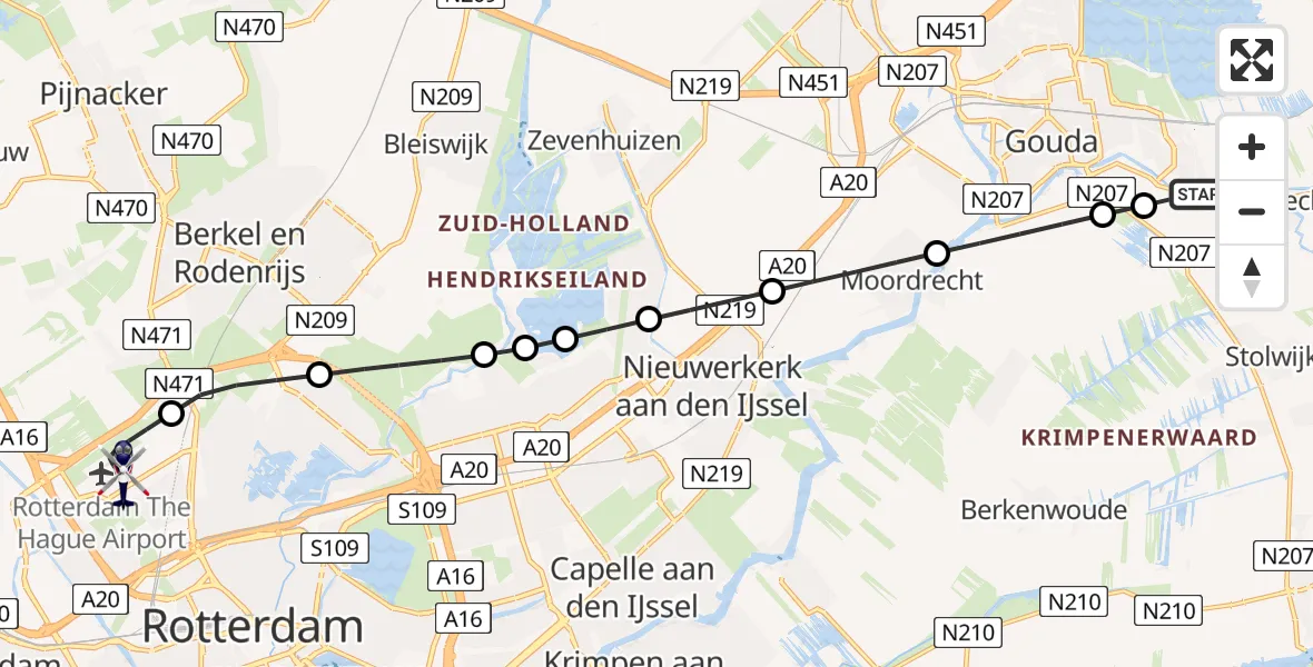 Vluchtroute Politiehelikopter van Gouda naar Rotterdam The Hague Airport