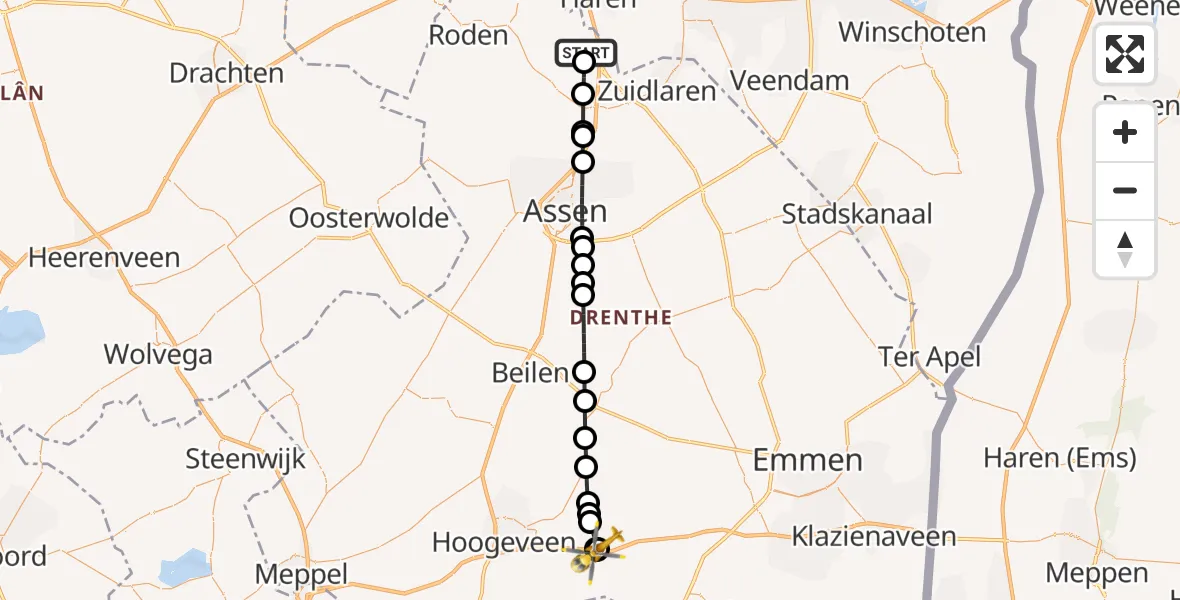 Vluchtroute Traumahelikopter van Groningen Airport Eelde naar Nieuwlande