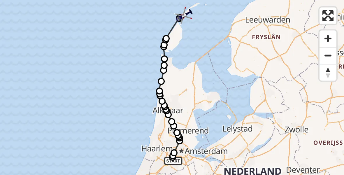 Vluchtroute Politiehelikopter van Amsterdam Vliegveld Schiphol naar Vlieland