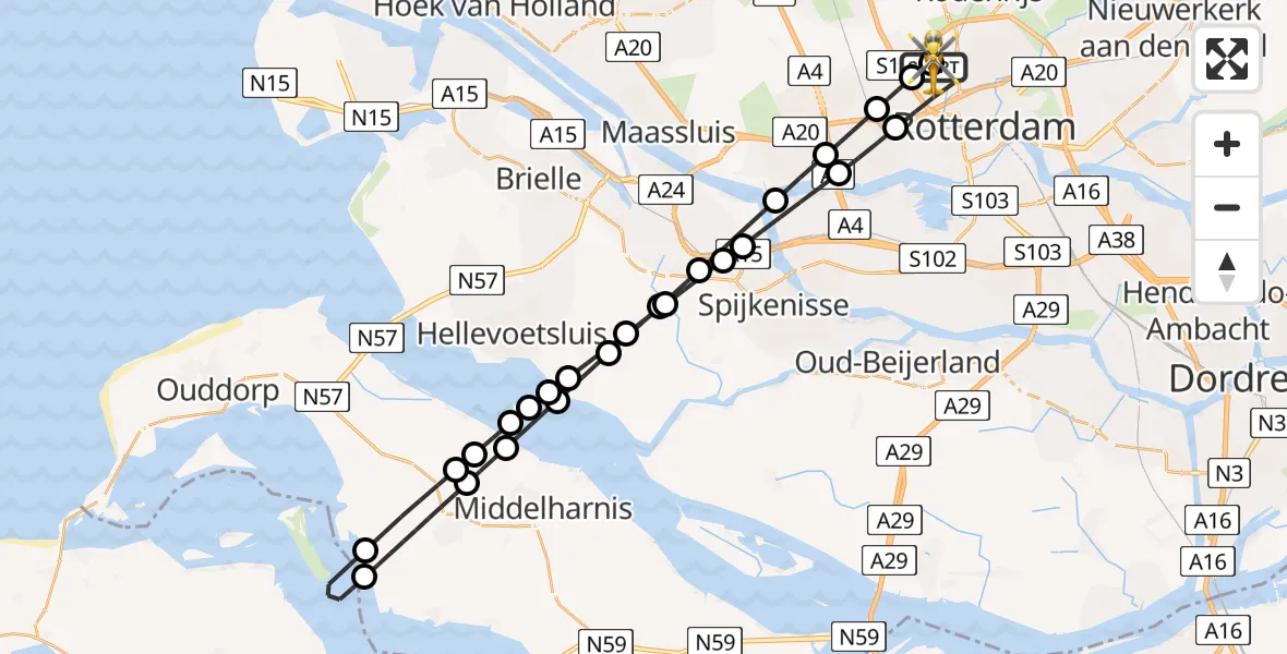Vluchtroute Traumahelikopter van Rotterdam The Hague Airport naar Rotterdam The Hague Airport