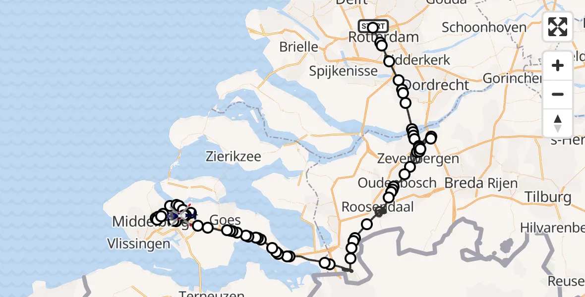 Vluchtroute Politiehelikopter van Rotterdam The Hague Airport naar Vliegveld Midden-Zeeland